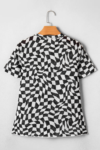 Checker Mock Neck Mesh T-Shirt