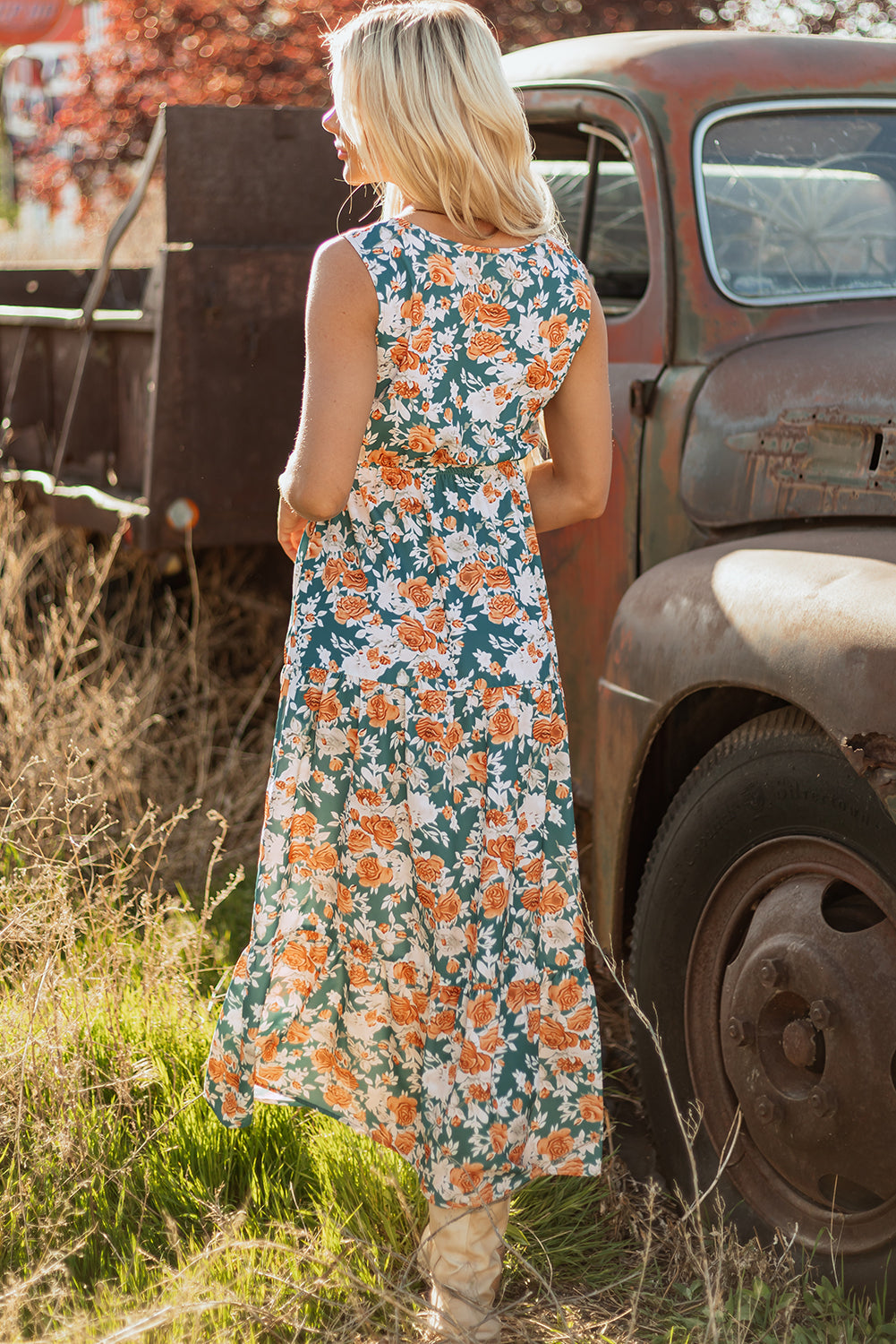Floral Trim V-Neck Tie Waist Dress