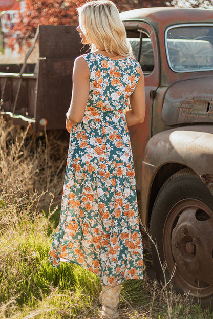 Floral Trim V-Neck Tie Waist Dress