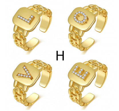 Letter Series Gold-plated Zircon Strap Design Ring