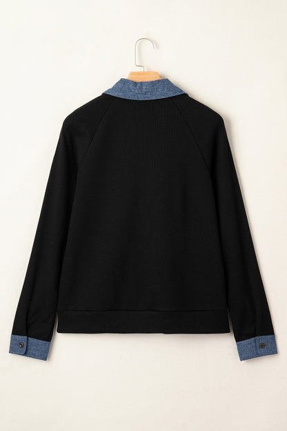 Textured Knit Denim Patchwork Polo Collar Top