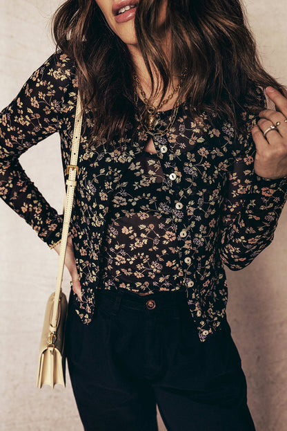 Black Floral Print Mesh Tank Button Front Slim Cardigan 2pcs Set