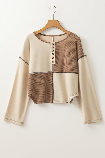 Colorblock Waffle Knit Long Sleeve Top