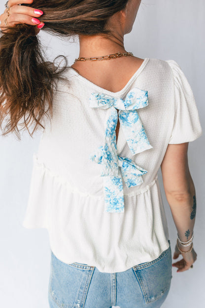 Textured Knit V-Neck Bubble Sleeve Peplum Top