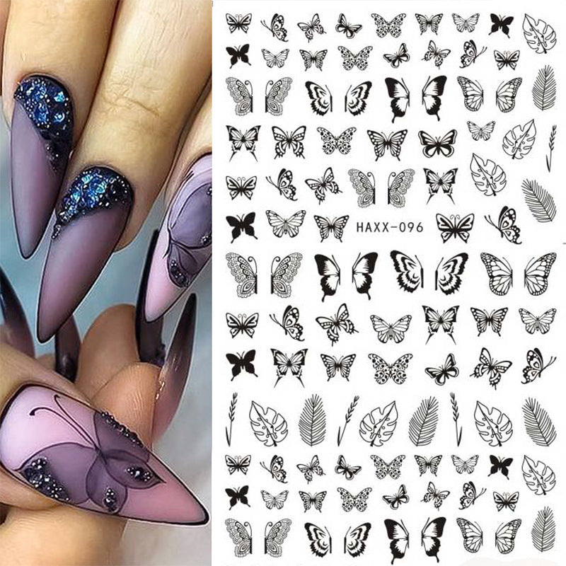 Black Butterfly Nails Stickers White Flower Adhesive