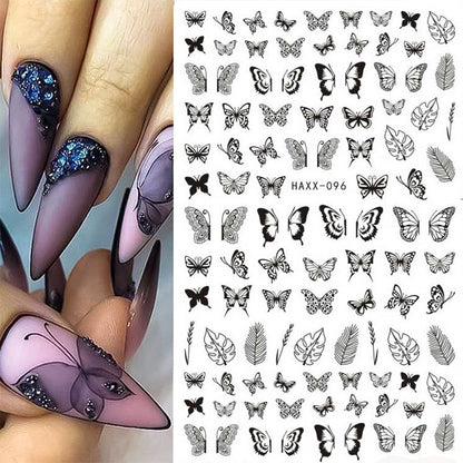 Black Butterfly Nails Stickers White Flower Adhesive