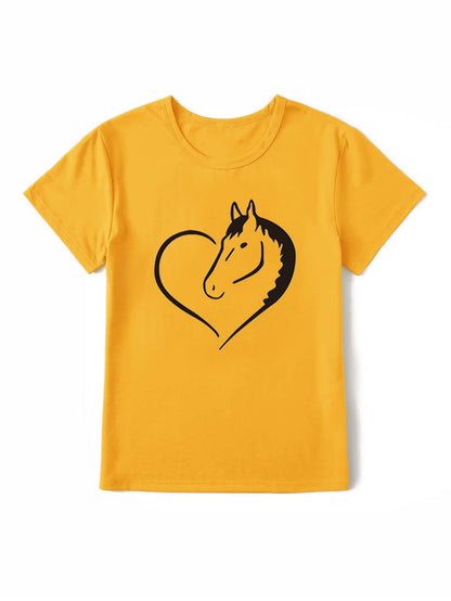 Heart Horse Pattern Printed Shoulder Short Sleeve