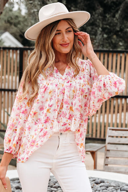 Floral Tassel Tie V-Neck Puff Sleeve Tunic Blouse