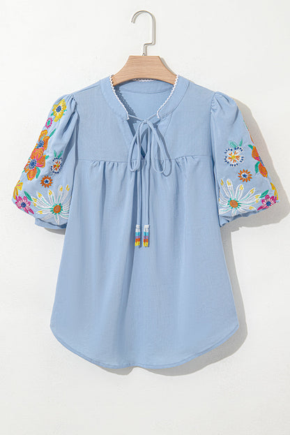Floral Embroidered Puff Sleeve Blouse