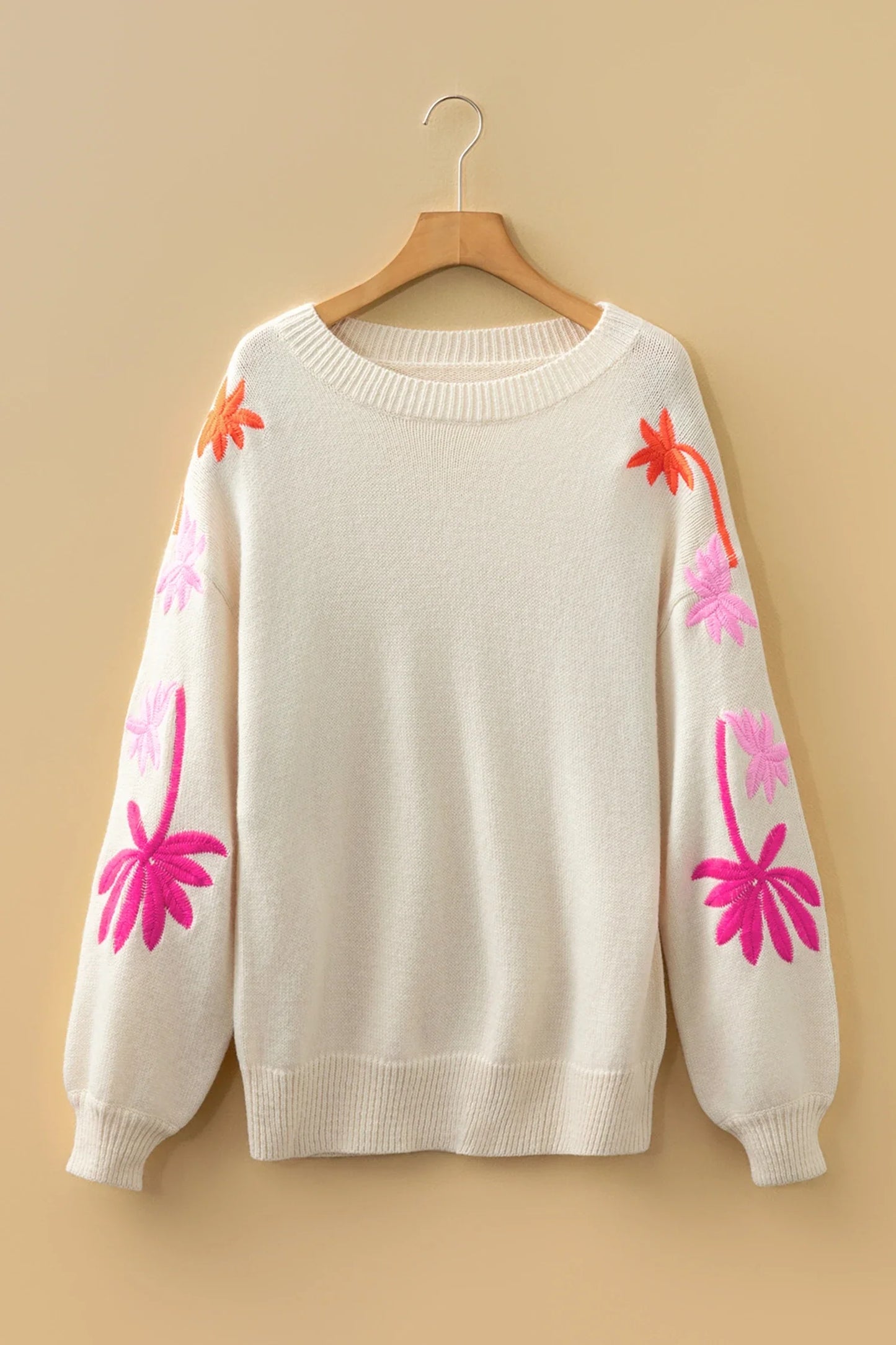 Floral Embroider Sleeve Round Neck Loose Sweater