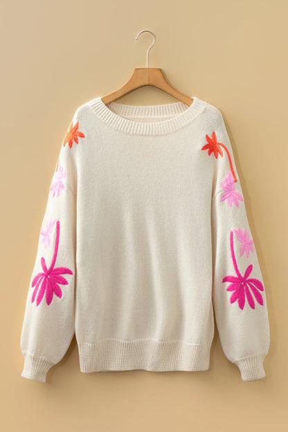 Floral Embroider Sleeve Round Neck Loose Sweater