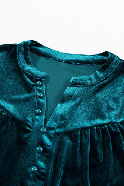 Velvet Lantern Sleeve Beaded V-Neck Blouse