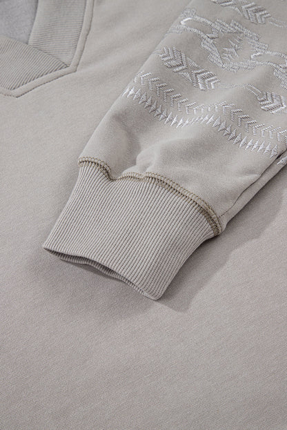 Western Aztec Embroidered Sleeve V-Neck Sweatshirt