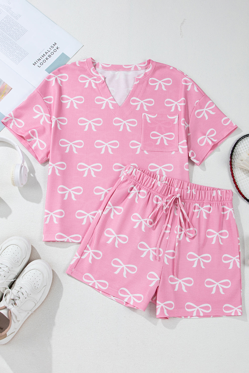 Valentine Bow Waffle Knit T-Shirt and Shorts Set