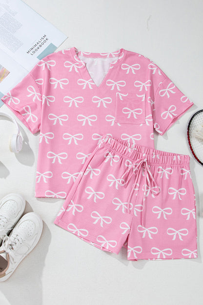 Valentine Bow Waffle Knit T-Shirt and Shorts Set