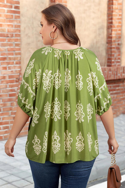 Plus Size Floral Boho Chic Notch V-Neck Top