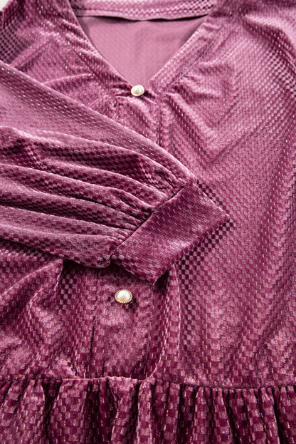 Plus Size Textured Velvet Buttoned Tiered Dress