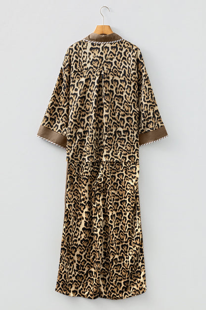 Leopard Collared 3/4 Sleeve Shirt and Pants Set