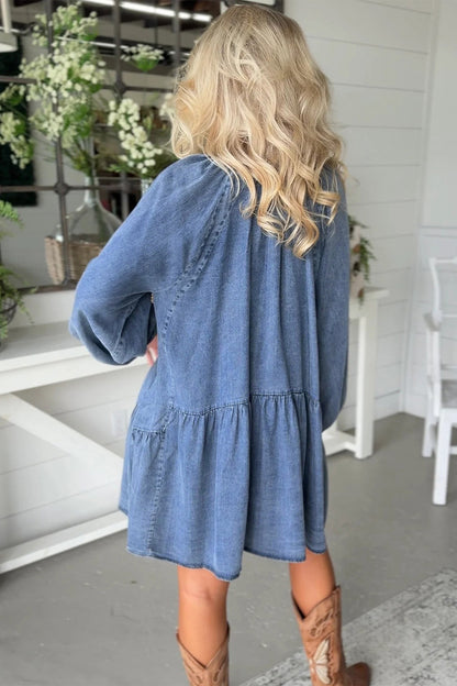 Puff Sleeve V-Neck Ruffle Denim Dress
