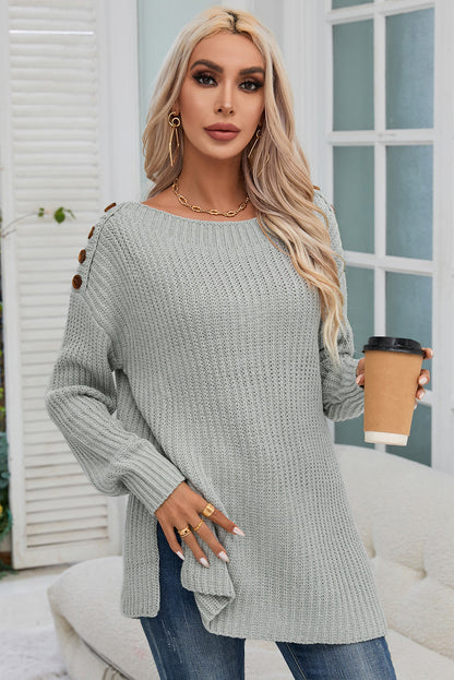 Solid Buttoned Drop Shoulder Sweater