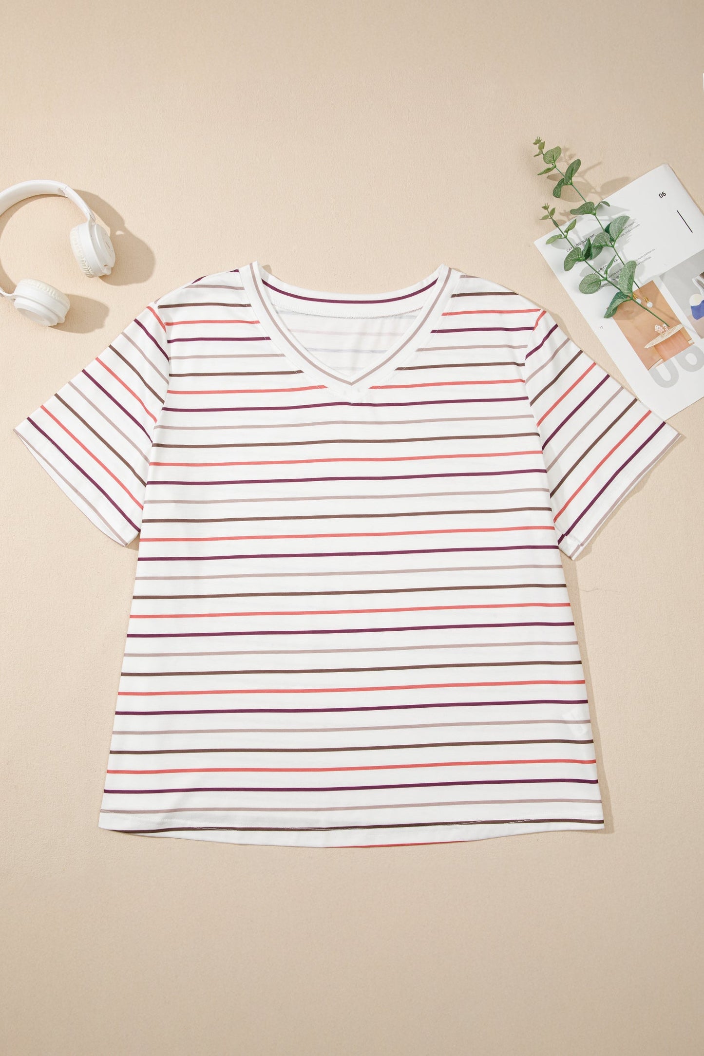 Plus Size Stripe V-Neck Casual Tee