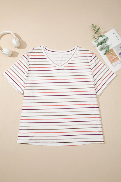 Plus Size Stripe V-Neck Casual Tee