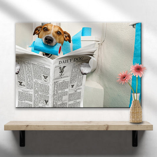 Dog Reading Newspaper On Toilet Canvas Wall Art