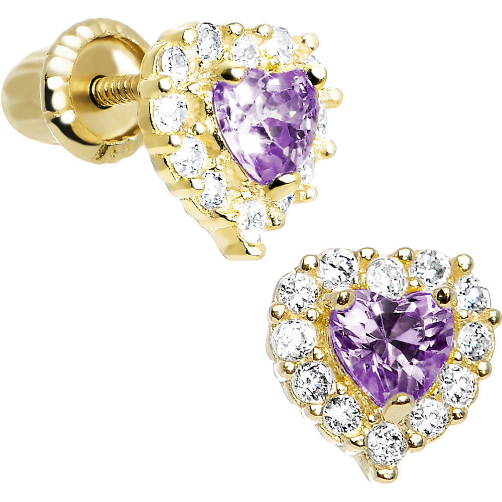 14k Yellow Gold Heart CZ February Birthstone Youth Screwback Earrings