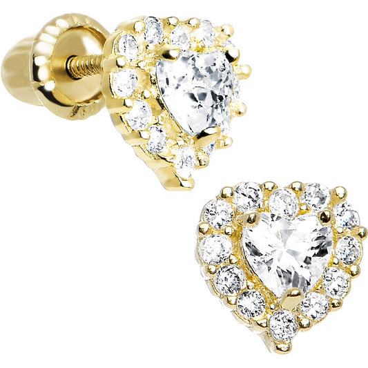 14k Yellow Gold Heart CZ April Birthstone Youth Screwback Earrings