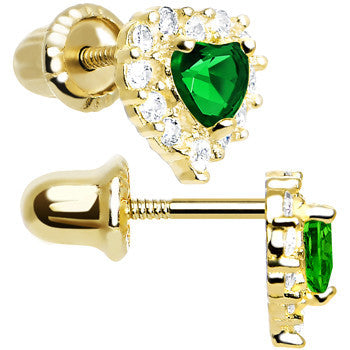 14k Yellow Gold Heart CZ May Birthstone Youth Screwback Earrings