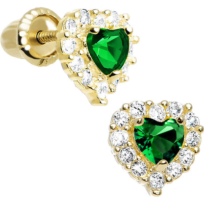 14k Yellow Gold Heart CZ May Birthstone Youth Screwback Earrings