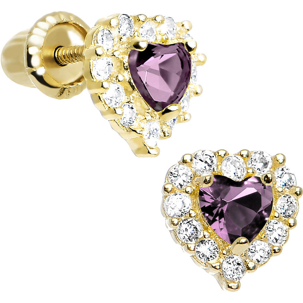 14k Yellow Gold Heart CZ June Birthstone Youth Screwback Earrings