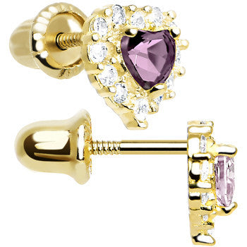 14k Yellow Gold Heart CZ June Birthstone Youth Screwback Earrings