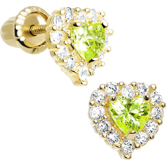 14k Yellow Gold Heart CZ August Birthstone Youth Screwback Earrings
