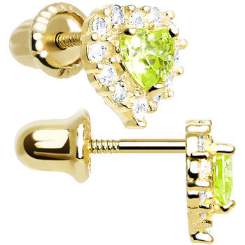 14k Yellow Gold Heart CZ August Birthstone Youth Screwback Earrings