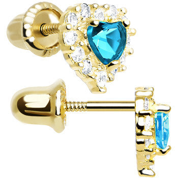 14k Yellow Gold Heart CZ December Birthstone Youth Screwback Earrings