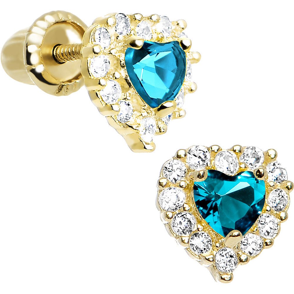 14k Yellow Gold Heart CZ December Birthstone Youth Screwback Earrings