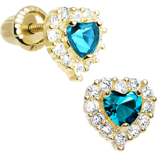 14k Yellow Gold Heart CZ December Birthstone Youth Screwback Earrings