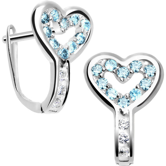 Sterling Silver Heart CZ March Birthstone Youth Leverback Earrings