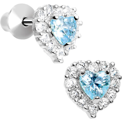 Sterling Silver Heart CZ March Birthstone Youth Screwback Earrings