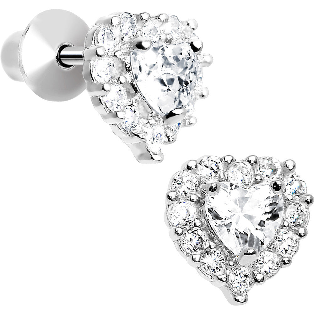 Sterling Silver Heart CZ April Birthstone Youth Screwback Earrings