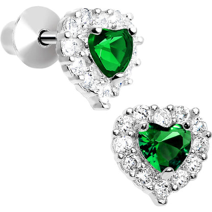 Sterling Silver Heart CZ May Birthstone Youth Screwback Earrings