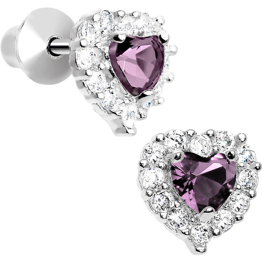 Sterling Silver Heart CZ June Birthstone Youth Screwback Earrings