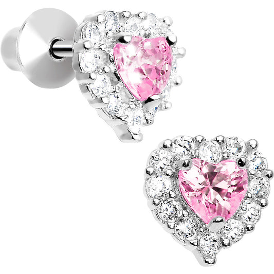 Sterling Silver Heart CZ October Birthstone Youth Screwback Earrings