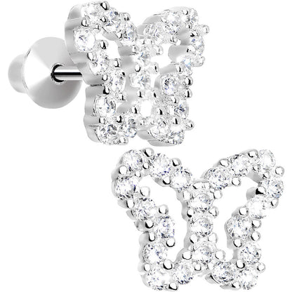 .925 Sterling Silver Clear CZ Open Butterfly Youth Screwback Earrings