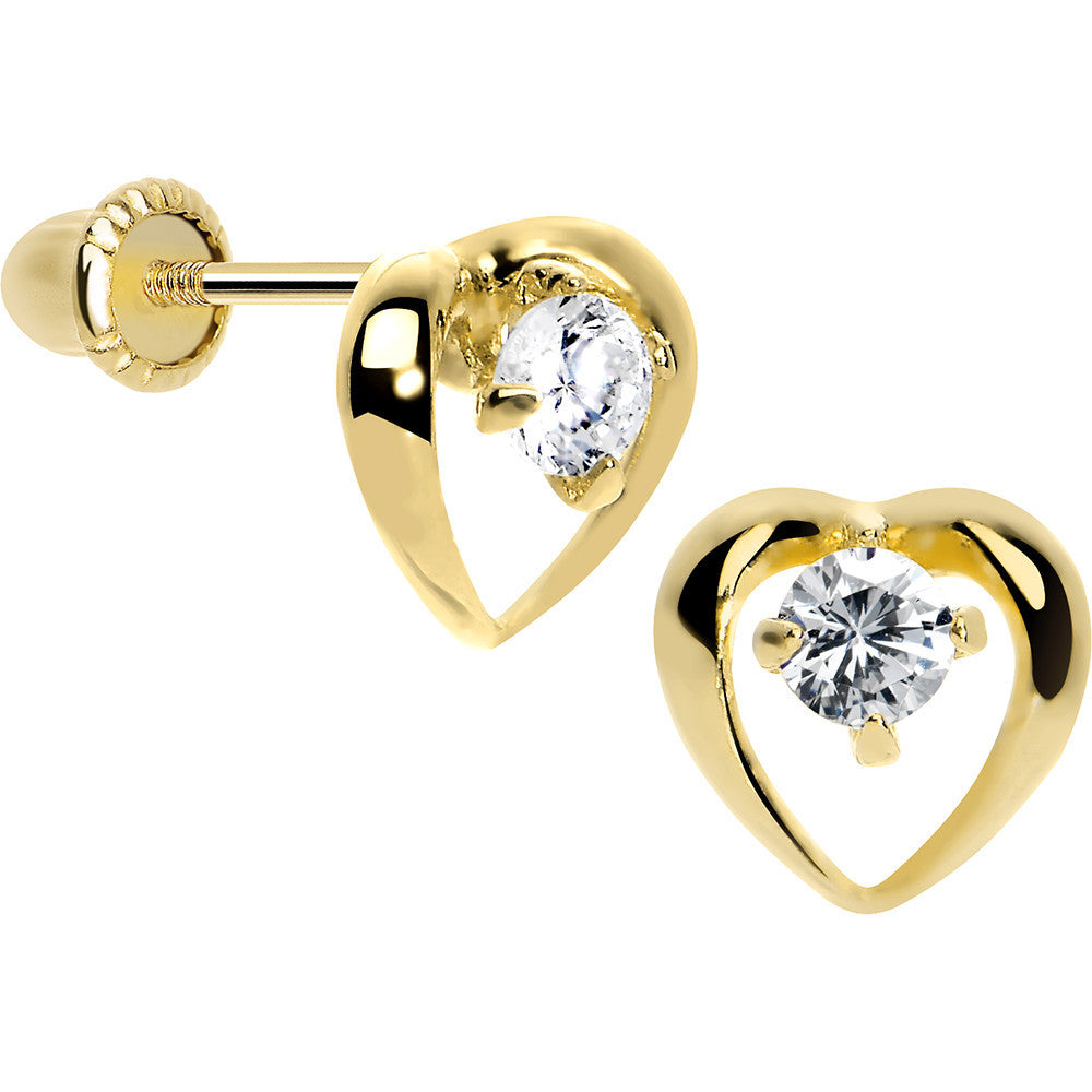 14K Yellow Gold Hollow Heart Round CZ Youth Screwback Earrings