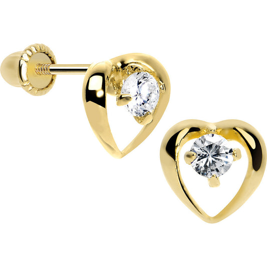 14K Yellow Gold Hollow Heart Round CZ Youth Screwback Earrings