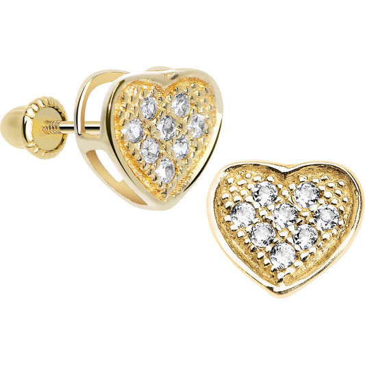 14K Yellow Gold Paved Clear CZ Heart Youth Screwback Earrings