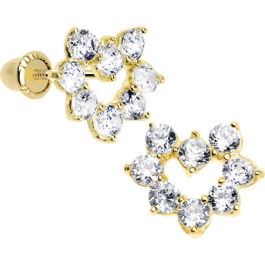 14K Yellow Gold Full CZ Hollow Heart Youth Screwback Earrings