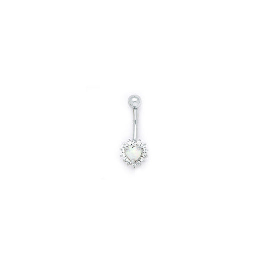 16G Solid 14k White Gold Zirconia Opal Heart Belly Ring